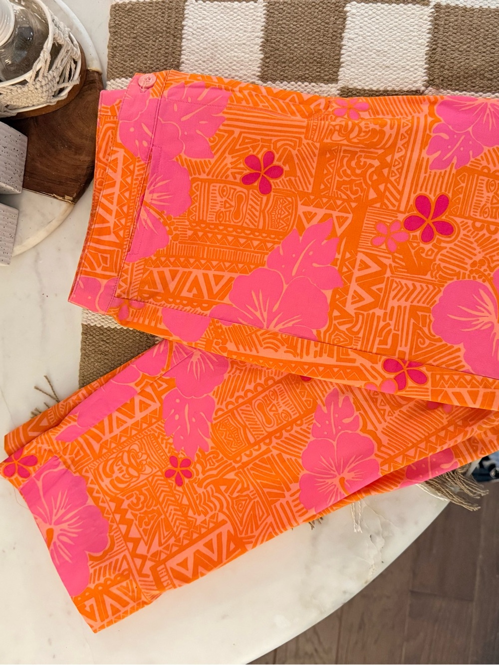 Vintage Lilly Pulitzer Capri Pants Orange Pink Floral Tiki Print Vacation Preppy